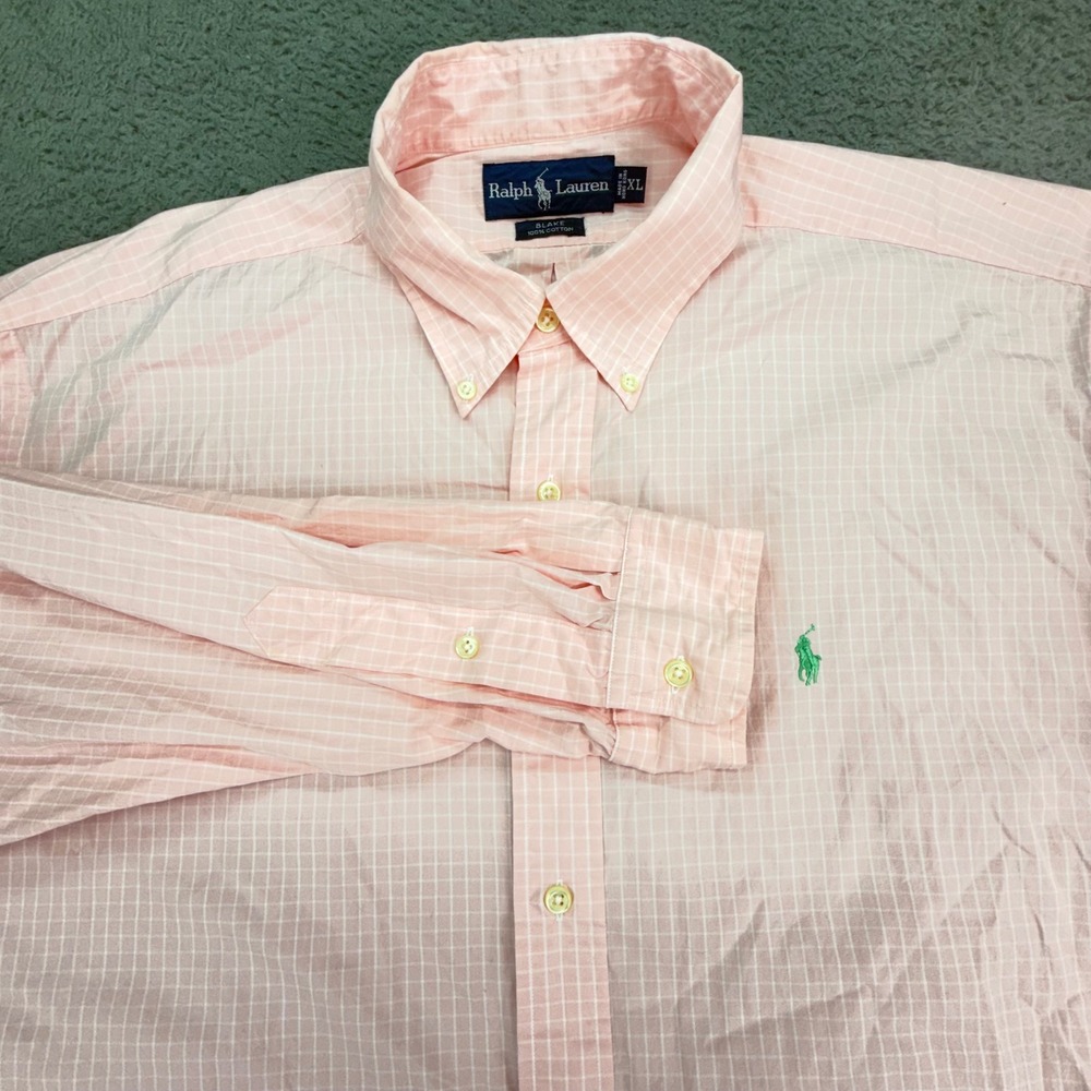 Ralph Lauren Button Down Shirt Mens XL Pink Check Blake Cotton Long Sleeve
